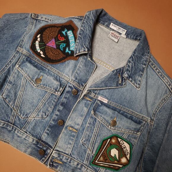 Rare Vintage 80s Guess by George Marciano Womens Cropped Denim Jacket Patches S - Picture 7 of 12